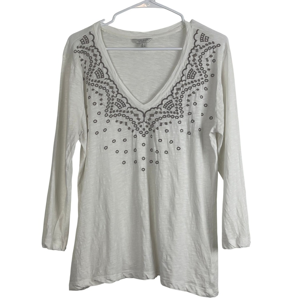 00760 Lucky Brand White Embroidered V Neck‎ Long Sleeve Tunic Top Women's M